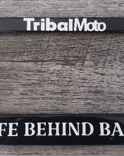 'Life behind bars' motorcycle number plate frame will have the&nbsp;TribalMoto logo at the top in white.'Life behind bars' motorcycle number plate frame will have the&nbsp;TribalMoto logo at the top in white.