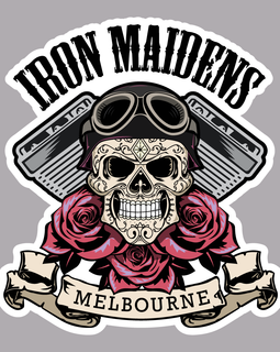 Logo with skull wearing goggles, roses, and 'Iron Maidens Melbourne' text on a gray background
