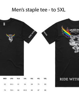 Two black t-shirts with graphic designs and text on a white background