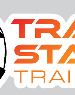 A die-cut sticker featuring a black racing helmet graphic on the left and the words 'TRACK START TRAINING' in bold orange-to-yellow gradient lettering on a white background, shown on a light gray backdrop.