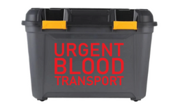 Gray storage box with 'Urgent Blood Transport' text in red on a white background