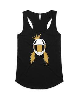 Motorbike queen design includes a lady wearing a motorbike helmet topped with a cute crown on a black ank.