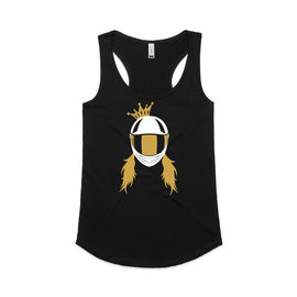 Motorbike queen design includes a lady wearing a motorbike helmet topped with a cute crown on a black ank.