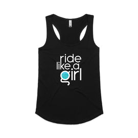 Ride like a girl design on black ladies racer back tank.