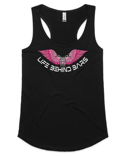 This stunning design includes a pink motorbike in front of open wings and the words Life Behind Bars across the bottom on a black racer back tank
