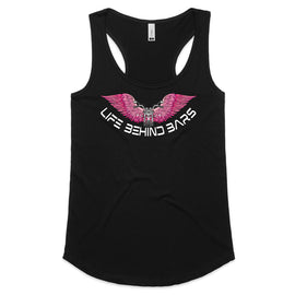 This stunning design includes a pink motorbike in front of open wings and the words Life Behind Bars across the bottom on a black racer back tank