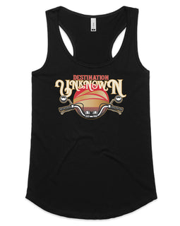Destination unknown design of sunset and motorbike handlebars on a black tank