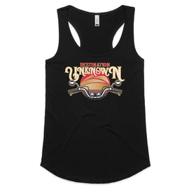 Destination unknown design of sunset and motorbike handlebars on a black tank