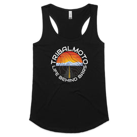 circle design includes the words TribalMoto and Life Behind Bars with a sunset, mountains and a road. Layered with topographical lines on black  tank top