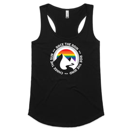 Black racer back tank with a design of mountain and rainbow background, with words in a circle: race the rain, ride the wind, chase the sun.