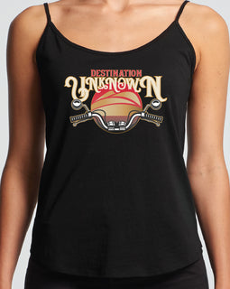 Destination unknown design of sunset and motorbike handlebars on a black string singlet
