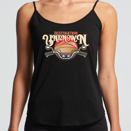 Destination unknown design of sunset and motorbike handlebars on a black string singlet