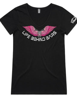 Design of motorbike in front of open pink wings and the words Life Behind Bars across the bottom on a tee.