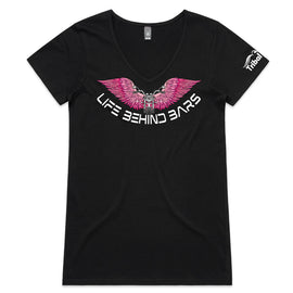Design of motorbike in front of open pink wings and the words Life Behind Bars across the bottom on a tee.