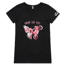 Black v-neck tee with a free to fly design with motorcycle and butterfly.