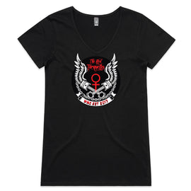 Black v neck tee with torquettes logo on front