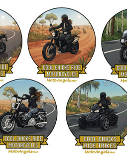 Five circular images of people riding motorcycles with 'Cool Girls Ride Motorcycles' text.