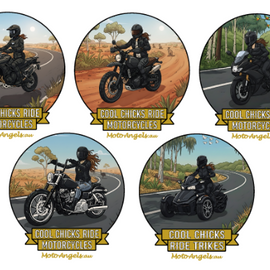 Five circular images of people riding motorcycles with 'Cool Girls Ride Motorcycles' text.
