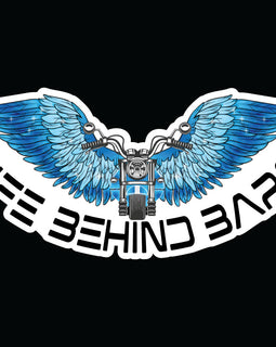 Decal of motorbike in front of open blue wings and the words Life Behind Bars across the bottom.