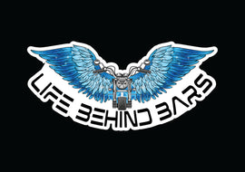 Decal of motorbike in front of open blue wings and the words Life Behind Bars across the bottom.