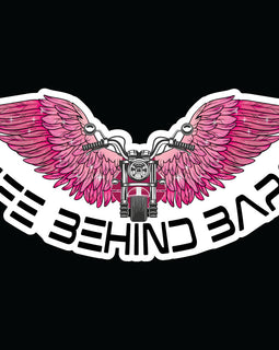 Decal of motorbike in front of open pink wings and the words Life Behind Bars across the bottom.