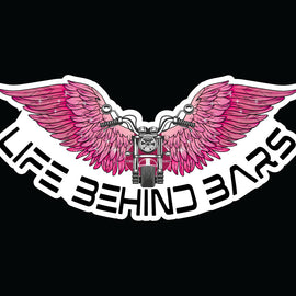 Decal of motorbike in front of open pink wings and the words Life Behind Bars across the bottom.