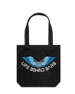 This stunning design includes a motorbike in front of open wings and the words Life Behind Bars across the bottom. Blue on a black tall tote.