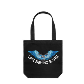 This stunning design includes a motorbike in front of open wings and the words Life Behind Bars across the bottom. Blue on a black tall tote.