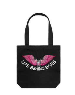 This stunning design includes a motorbike in front of open wings and the words Life Behind Bars across the bottom. Pink on a black tall tote.
