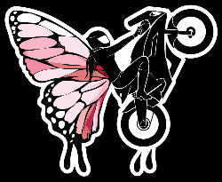 Image of black female rider and motorcycle with pink butterfly wing