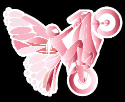 Image of pink female rider and motorcycle with pink butterfly wing