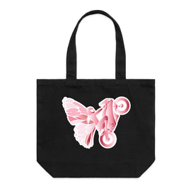 Wide black tote with design of female on motorcycle with butterfly wing