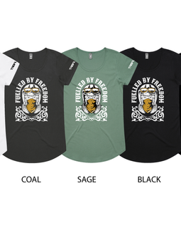 Five short-sleeve graphic T-shirts shown side by side on a white background, labeled White, Coal, Sage, Black, and Back. Each shirt features a large front graphic with a helmeted figure and the text 'FUELED BY THE GOAT.