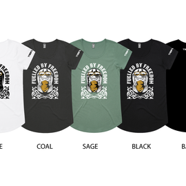Five short-sleeve graphic T-shirts shown side by side on a white background, labeled White, Coal, Sage, Black, and Back. Each shirt features a large front graphic with a helmeted figure and the text 'FUELED BY THE GOAT.