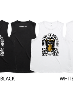 Two sleeveless muscle tank tops shown side by side on a white background, labeled BLACK and WHITE. Each top is shown front and back.