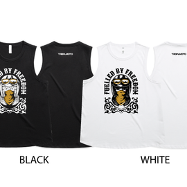 Two sleeveless muscle tank tops shown side by side on a white background, labeled BLACK and WHITE. Each top is shown front and back.