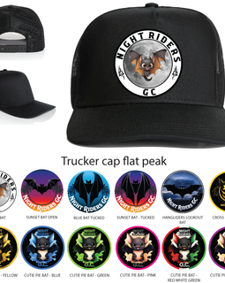 Black trucker cap with 'Night Riders GC' logo and various themed badge designs below.