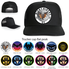 Black trucker cap with 'Night Riders GC' logo and various themed badge designs below.