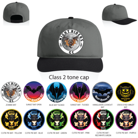 Gray cap with 'Night Riders GC' logo and various themed buttons below on a white background
