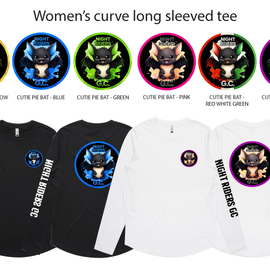 Black and white long-sleeve tees with various designs and color options on a white background.