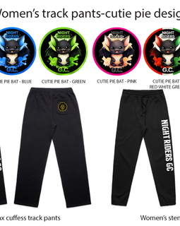 Black track pants with various designs and color options on a white background