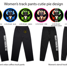 Black track pants with various designs and color options on a white background