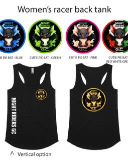 Black racerback tank tops with various designs and color options on a white background.