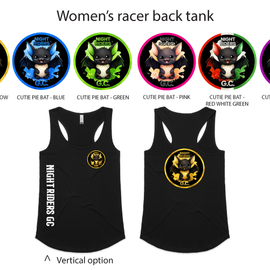 Black racerback tank tops with various designs and color options on a white background.