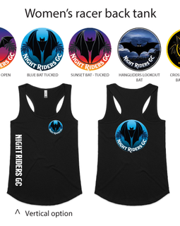 Black racerback tank tops with various graphic designs on a white background