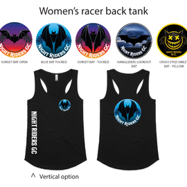 Black racerback tank tops with various graphic designs on a white background
