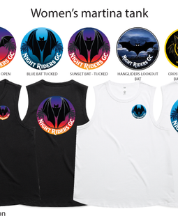 Collection of women's tank tops with various logos on a white background