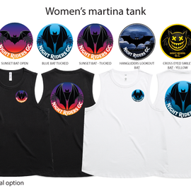 Collection of women's tank tops with various logos on a white background