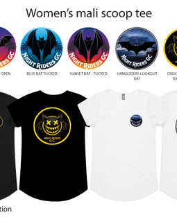 Collection of women's mali scoop tees with various designs on a white background