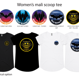 Collection of women's mali scoop tees with various designs on a white background